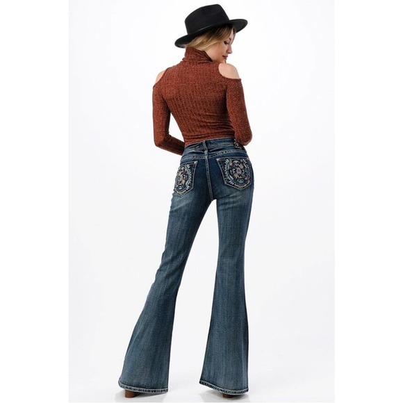 Grace in LA Women's Western Aztec Embroidered Flared Wide Leg Bell Bottom Jeans - Picture 1 of 3